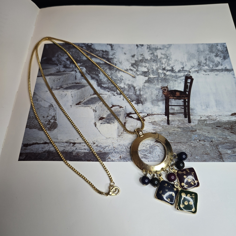 Gold Pendant Necklace with Multicolor Accents Blue Purple Green